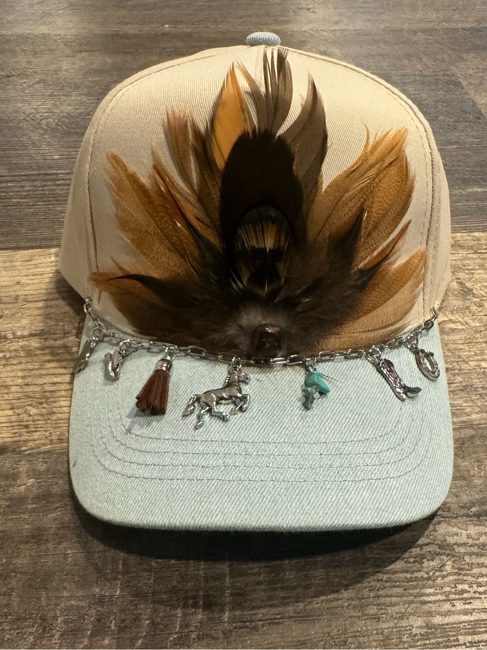 Handcrafted Feather & Turquoise Western Trucker Hat